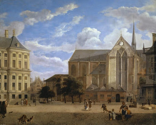 Jan van der Heyden - The Dam in Amsterdam towards the Townhall and Nieuwe Kerk.webp
