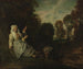Landschaft am Abend mit einer Spinnerin - Jean-Antoine Watteau — Ansicht des Kunstwerks