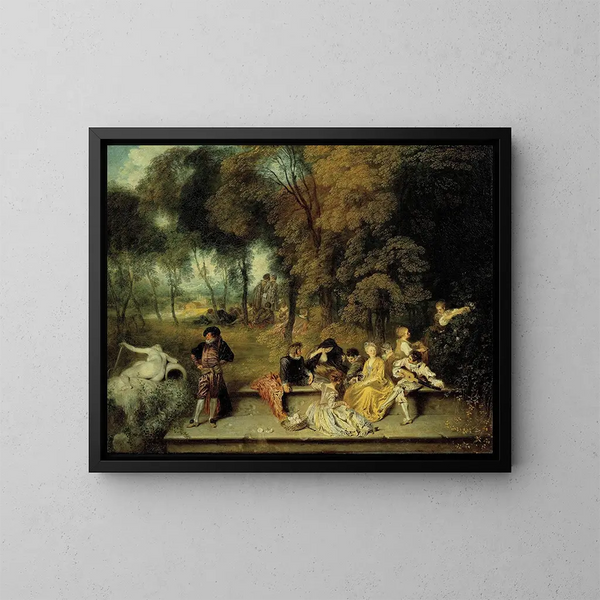 Die Freuden der Liebe - Jean-Antoine Watteau — gerahmtes Bild an der Wand