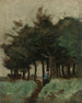 Hohlweg und blau gekleidete Figur unter hohen Bäumen — Corot