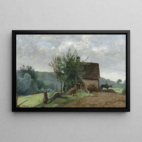 Hof mit Reiter und kleinem Mädchen im Vordergrund - Jean-Baptiste-Camille Corot — gerahmtes Bild an der Wand