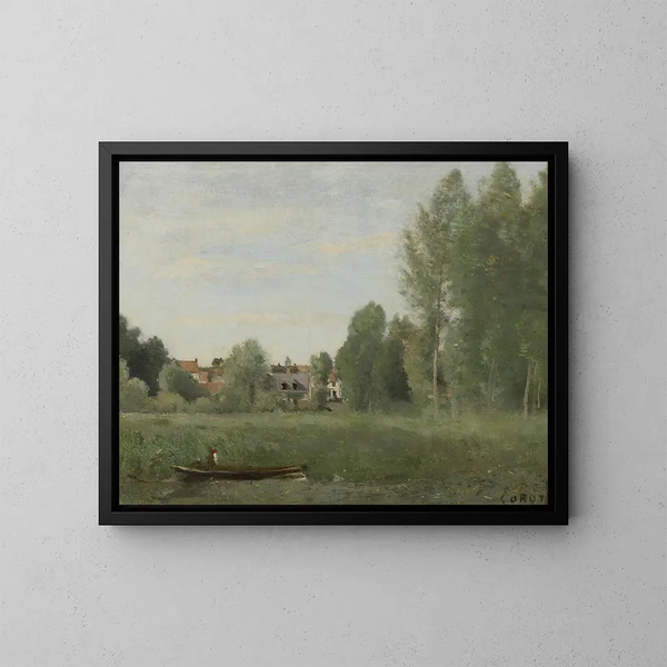 Umgebung von Mantes, kleine Häuser versteckt in den Bäumen in der Nähe des Wasserufers - Jean-Baptiste-Camille Corot — gerahmtes Bild an der Wand