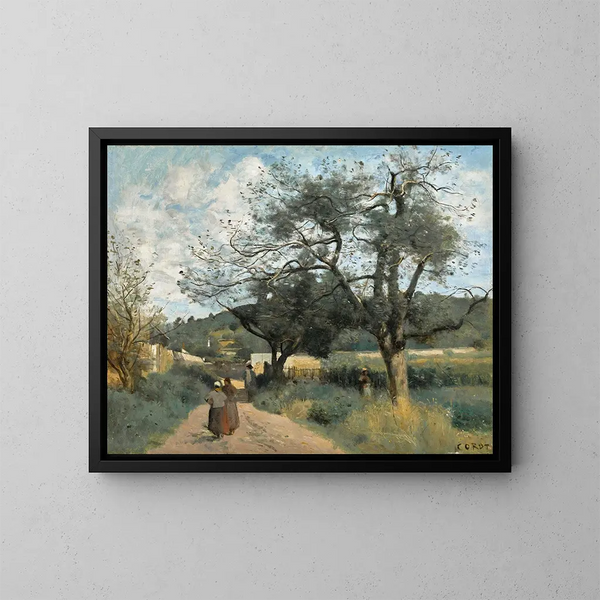 Marcoussis, Route durch die Felder - Jean-Baptiste-Camille Corot — gerahmtes Bild an der Wand