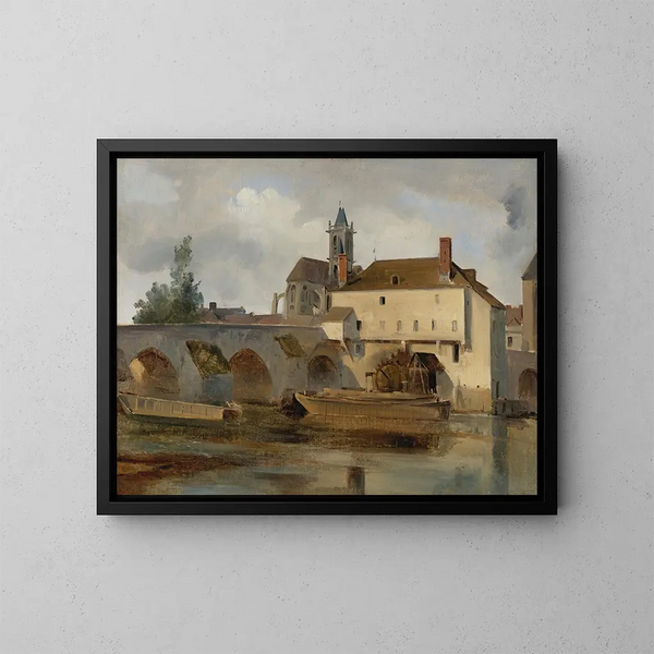 Moret-sur-Loing, die Brücke und die Kirche - Jean-Baptiste-Camille Corot — gerahmtes Bild an der Wand