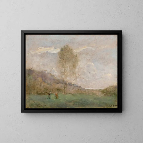 Landschafts-Gemälde Herbst in der Nähe einer Küste mit zwei Figuren - Jean-Baptiste-Camille Corot — gerahmtes Bild an der Wand