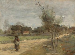 Bauernbild auf einer Straße mit Blick auf ein Dorf - Jean-Baptiste-Camille Corot — Ansicht des Kunstwerks