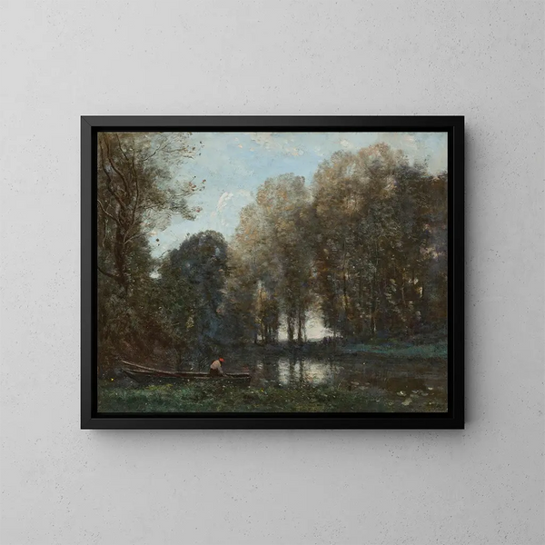 Fischer, der am grünen Ufer vertäut ist - Jean-Baptiste-Camille Corot — gerahmtes Bild an der Wand