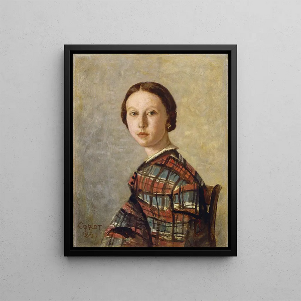 Portrait einer jungen Frau - Jean-Baptiste-Camille Corot — gerahmtes Bild an der Wand