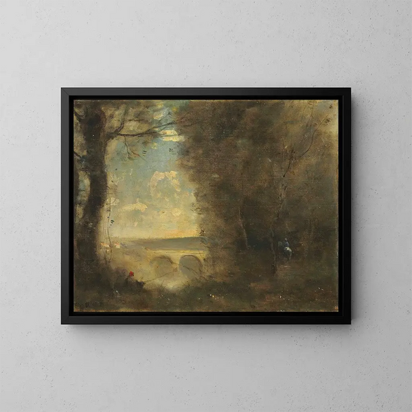 eines Fischers beim Angeln, Souvenir der Mantes-Brücke - Jean-Baptiste-Camille Corot — gerahmtes Bild an der Wand