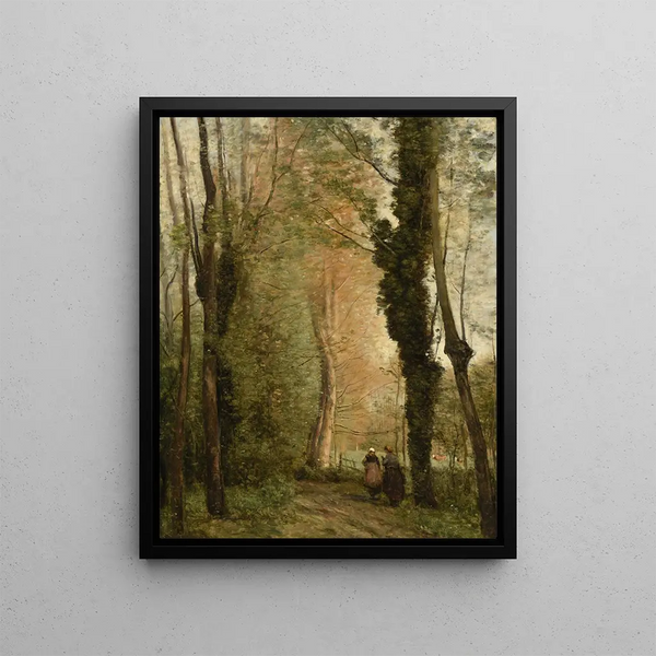 Ein Weg unter den Bäumen im Frühling - Jean-Baptiste-Camille Corot — gerahmtes Bild an der Wand