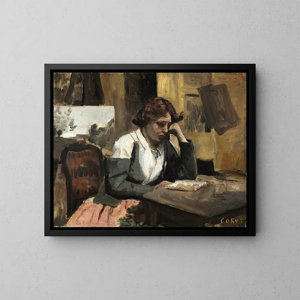 Frau liest im Atelier - Jean-Baptiste-Camille Corot — gerahmtes Bild an der Wand