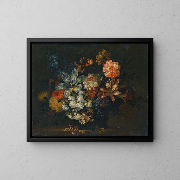 Naturstillleben mit Lilien, Geißblatt und anderen Blumen in einer Vase auf einer Fensterbank - Jean-Baptiste Monnoyer — gerahmtes Bild an der Wand