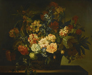 JeanBaptiste Monnoyer - Dahlias Tulips Honeysuckle and other flowers in a basket on a table.webp