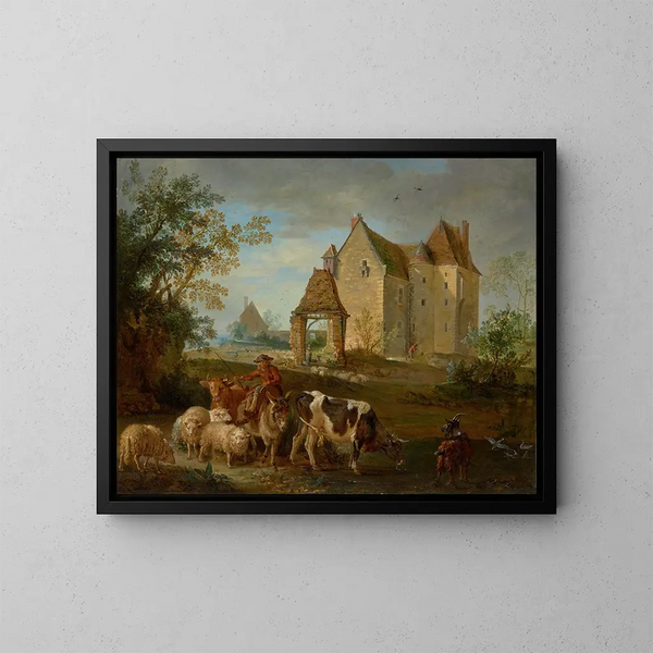 eines Landschaftsgemäldes mit einem Hirten, der Tiere zur Weide führt, ein Schloss im Hintergrund - Jean-Baptiste Oudry — gerahmtes Bild an der Wand