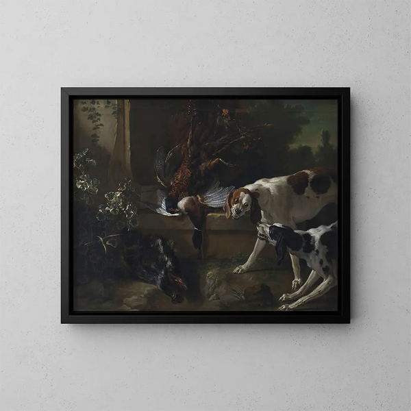 Hunde mit Wild und Wildvögeln - Jean-Baptiste Oudry — gerahmtes Bild an der Wand