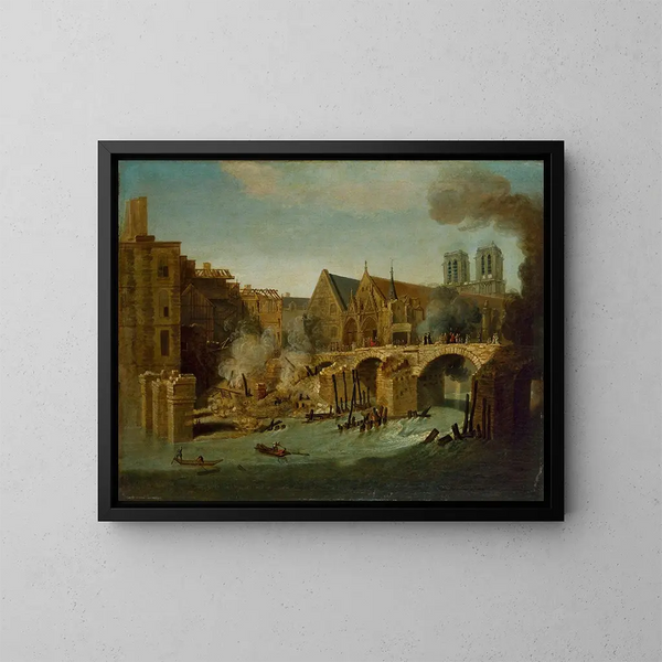 Le Petit Pont après l'incendie de 1718 - Jean-Baptiste Oudry — gerahmtes Bild an der Wand