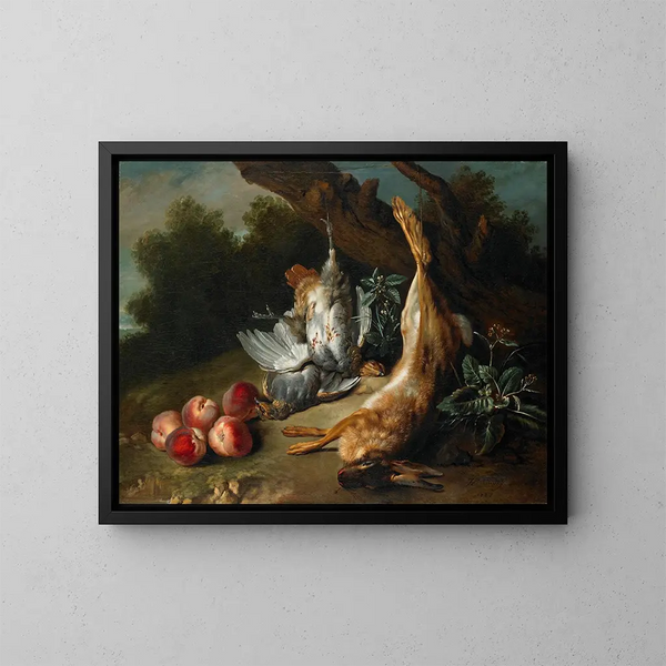 Naturstillleben mit totem Wild und Pfirsichen in einer Landschaft - Jean-Baptiste Oudry — gerahmtes Bild an der Wand