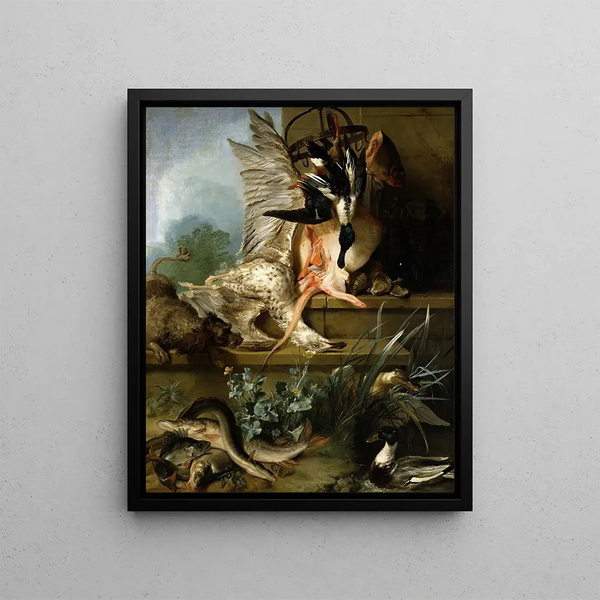 Natur stillleben mit einem Spaniel, der Enten jagt - Jean-Baptiste Oudry — gerahmtes Bild an der Wand