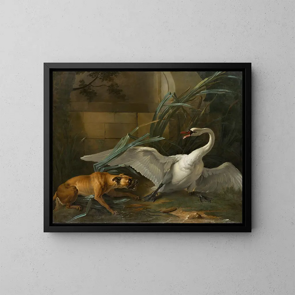 Schwan angegriffen von einem Hund - Jean-Baptiste Oudry — gerahmtes Bild an der Wand