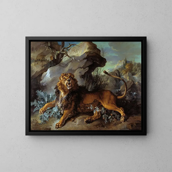 Der Löwe und die Fliege - Jean-Baptiste Oudry — gerahmtes Bild an der Wand