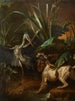 Wasserspaniel gegenüber einem Reiher – Jean-Baptiste Oudry — Gemälde von 1722 mit weiß-braunem Spaniel, Reiher und Schilf
