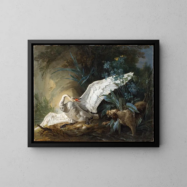 Ein erstaunlicher Wasserhund, der einen Schwan auf seinem Nest überrascht - Jean-Baptiste Oudry — gerahmtes Bild an der Wand