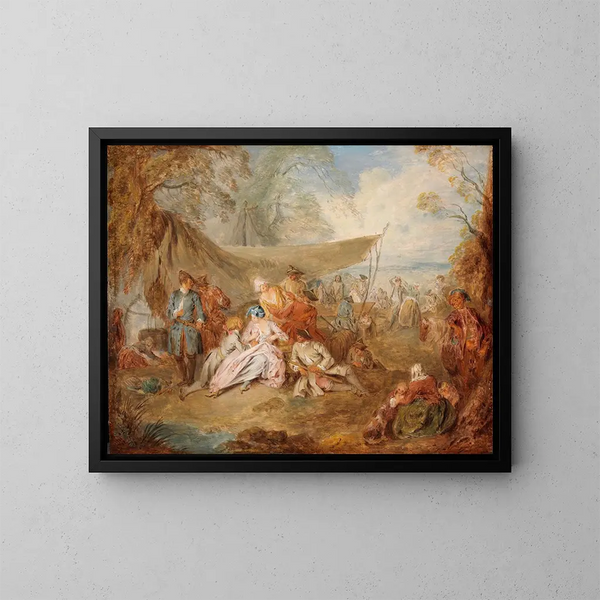 Figuren, die in einem Militärlager ruhen - Jean-Baptiste Pater — gerahmtes Bild an der Wand