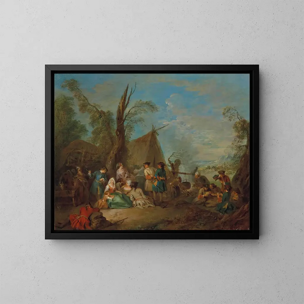 Soldaten und Feldküchenpersonal beim Kochen und Ausruhen um ein Lagerfeuer, im Hintergrund ein Wagen und ein Zelt - Jean-Baptiste Pater — gerahmtes Bild an der Wand