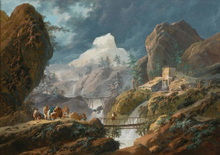 JeanBaptiste Pillement - A Mountainous Landscape With Two Foot Bridges And Travelers.webp