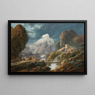 JeanBaptiste Pillement - A Mountainous Landscape With Two Foot Bridges And Travelers.webp