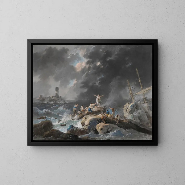 Ein Schiffsunglück an einer Küste während eines Sturms mit einem Leuchtturm in der Ferne - Jean-Baptiste Pillement — gerahmtes Bild an der Wand