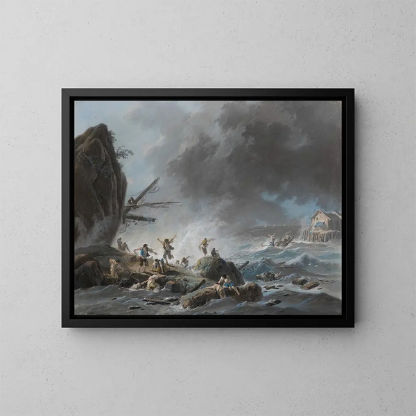 Ein Schiffsbruch an einer felsigen Küste während eines Sturms - Jean-Baptiste Pillement — gerahmtes Bild an der Wand