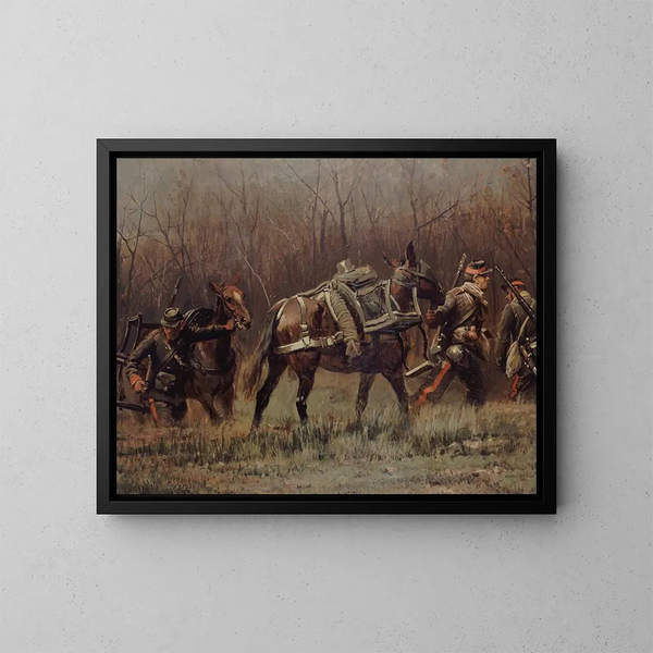 Szenen aus dem Militär mit Ambulanzmulis, Fragment des Panoramas von Champigny - Jean-Baptiste Édouard Detaille — gerahmtes Bild an der Wand