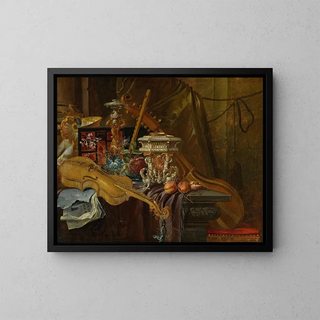 Naturstillleben mit Musikinstrumenten - Jean-Baptiste van Moerkercke — gerahmtes Bild an der Wand
