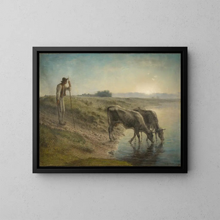 Bauernbild, das seine Kühe am Ufer der Allier bei Sonnenuntergang gießt - Jean-François Millet — gerahmtes Bild an der Wand