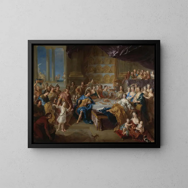 Das Festmahl der Didon und Äneas, ein allegorisches Porträt der Familie des Herzogs und der Herzogin von Maine - Jean-François de Troy — gerahmtes Bild an der Wand