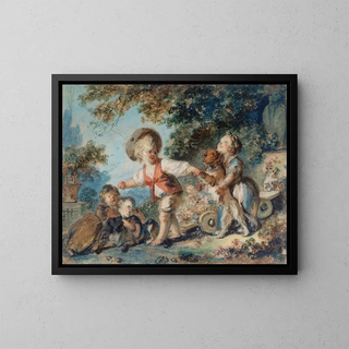 Kinder, die mit zwei Hunden spielen - Jean-Honoré Fragonard — gerahmtes Bild an der Wand