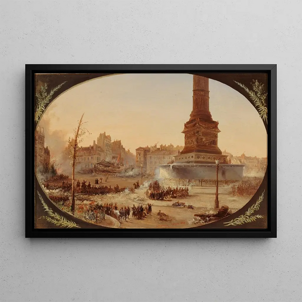 Die Place de la Bastille und die Barrikade am Eingang des Faubourg Saint-Antoine am 25. Juni 1848 - Jean-Jacques Champin — gerahmtes Bild an der Wand