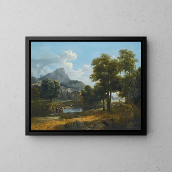 Ein bergiges Landschaftsgemälde mit Blick auf Phénéos und den Tempel der Minerva Caphyes - Jean-Victor Bertin — gerahmtes Bild an der Wand