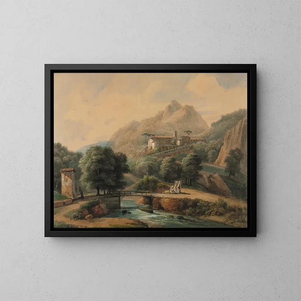 Italienisches Landschaftsgemälde, die Abtei und die Mönche - Jean-Victor Bertin — gerahmtes Bild an der Wand