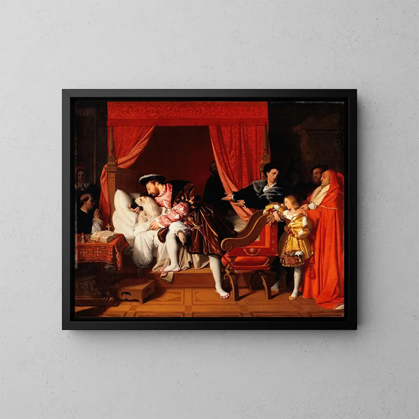 François Ier erhält die letzten Atemzüge von Leonardo da Vinci - Jean-Auguste-Dominique Ingres — gerahmtes Bild an der Wand