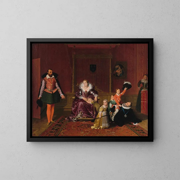 Henri IV beim Spielen mit seinen Kindern, während der spanische Botschafter in seiner Gegenwart zugelassen wird - Jean-Auguste-Dominique Ingres — gerahmtes Bild an der Wand