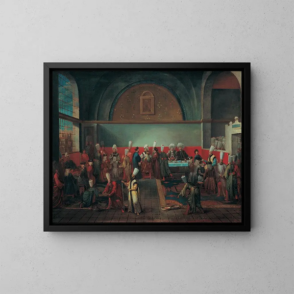Abendessen am Hof zu Ehren eines Botschafters - Jean-Baptiste Vanmour — gerahmtes Bild an der Wand