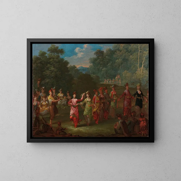 Männer und Frauen Griechen beim Khorra-Tanz - Jean-Baptiste Vanmour — gerahmtes Bild an der Wand
