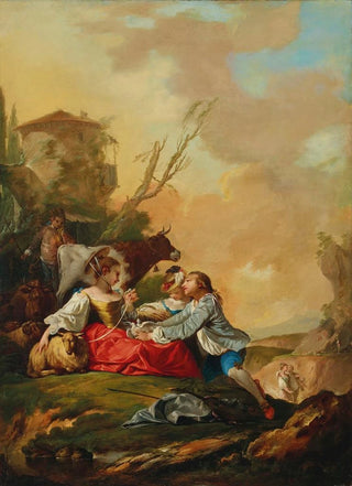 Jean Barbault - A pastoral scene with a boy offering a shepherdess doves in a rocky landscape.webp
