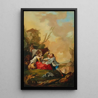 Jean Barbault - A pastoral scene with a boy offering a shepherdess doves in a rocky landscape.webp
