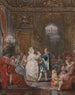 Eine Feier in einem Louis XVI-Innenraum, beleuchtet von einem Kerzenleuchter und einer Fackel, mit einem tanzenden Paar im Menuett - Jean Démosthène Dugourc — Ansicht des Kunstwerks