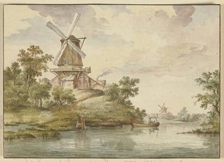 Jean George Teissier - Kleiner Flu an dessen Ufer zwei Windmhlen.webp