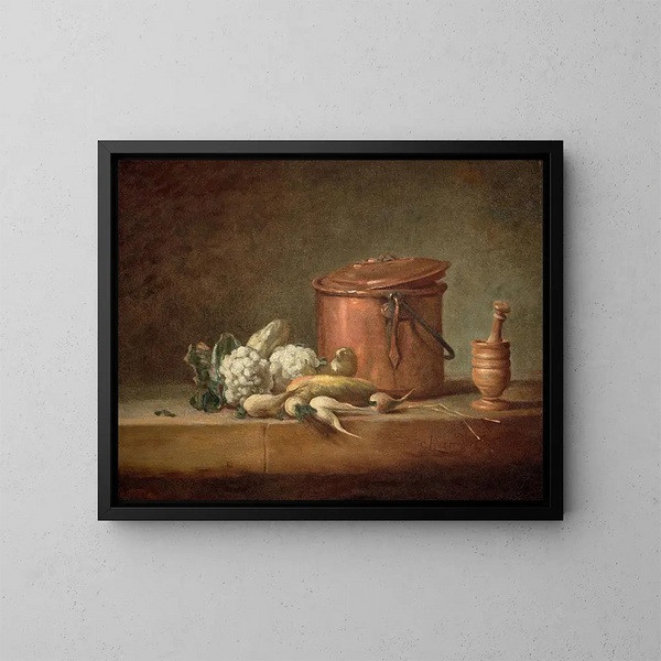 Kupferpfanne mit Blumenkohl und Grattierer mit Stößel auf einer Säule - Jean Siméon Chardin — gerahmtes Bild an der Wand