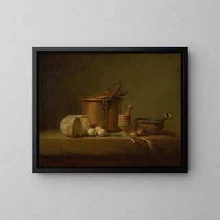 Stillleben mit Kupferschüssel, Käse und Eiern - Jean Siméon Chardin — gerahmtes Bild an der Wand